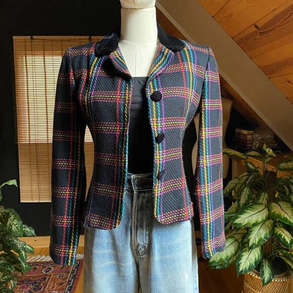 Vintage Jackets & Blazers - Vintage Jacket Rainbow Plaid Black